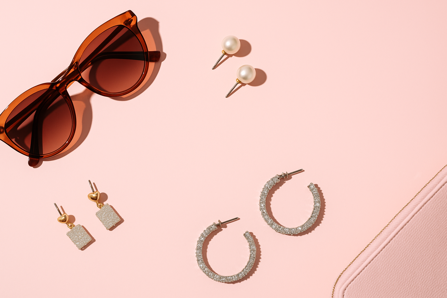 Beautiful accessories collection featuring sunglasses, pearl earrings, and sparkly jewelry